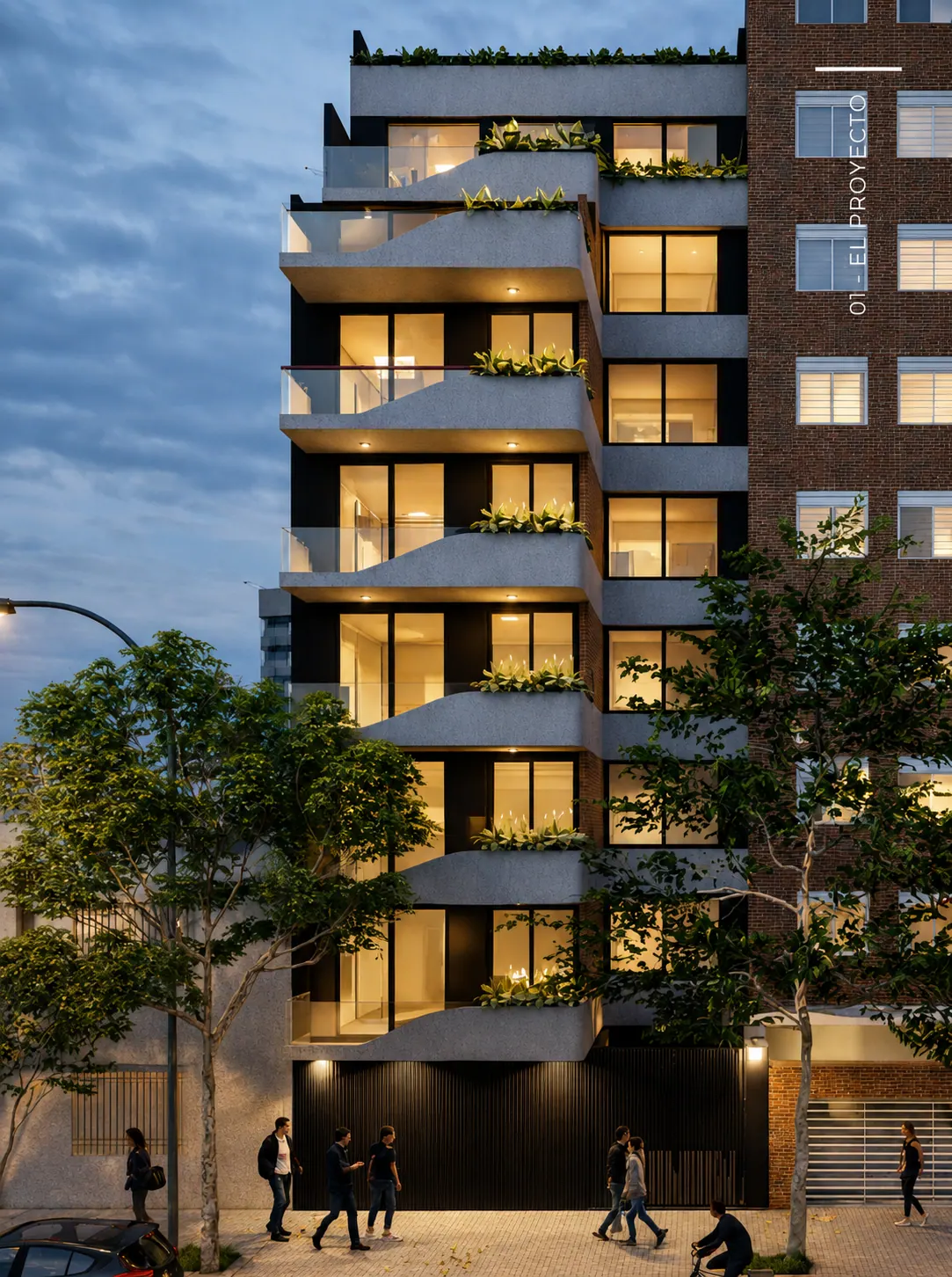 Render exterior de On Pacheco: vivienda contemporánea con grandes paños vidriados al atardecer.